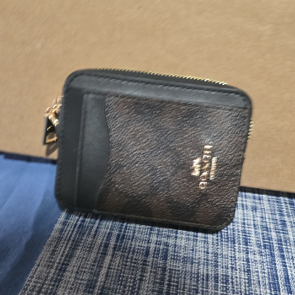 Coach Brown and Black Compact Zip Card Case with Gold Logo